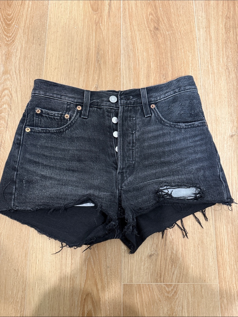 Levi's Black Distressed Button-Fly Denim Shorts